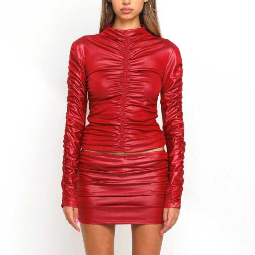 RUCHED MATTE FAUX LEATHER TOP AND LOW WAIST SKIRT SET